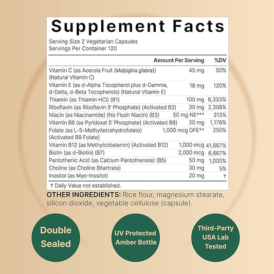 Methylated B Complex Vitamins, 240 Veggie Capsules | Multivitamin B Complex | B12, Folate, Biotin & More â with Natural Vitamin C, E, Choline & Inositol â Immune, Energy, & Prenatal Support