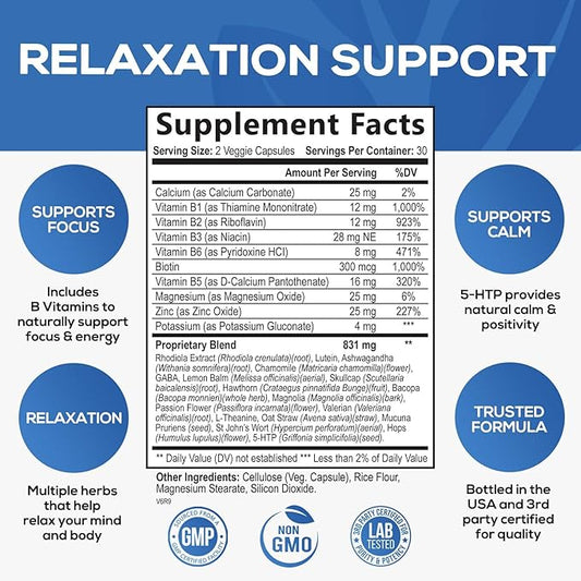 Natural Unwind, Calm, & Relax Support with Ashwagandha, GABA, Magnesium, 5-HTP, L-Theanine & B Vitamins, Natural Focus, Energy & Immune Support - Nature's Non-GMO, Vegan, Gluten Free - 60 Capsules