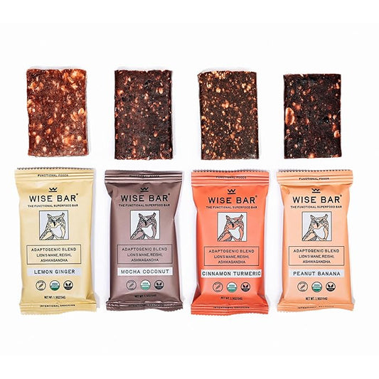 Wise Bar, Adaptogen Mushroom Bar Variety Box 12 Count , 3 Lemon Ginger, 3 Mocha Coconut, 3 Peanut Banana, 3 Cinnamon Turmeric | Functional Mushrooms and Adaptogens Bar | Organic Nutrition Energy Bars, Vegan, Gluten Free