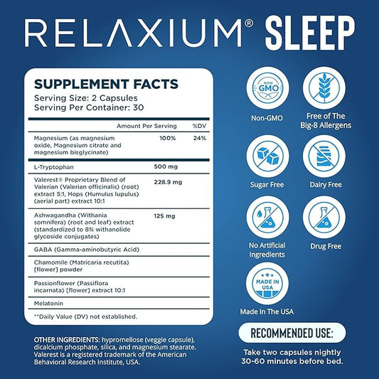 Relaxium Sleep Aid – Professional Strength Formula for Adults | 5mg Melatonin, Magnesium Glycinate, Valerest & Ashwagandha | Non-Habit Forming Sleep Support | 60 Capsules, 30-Day Supply