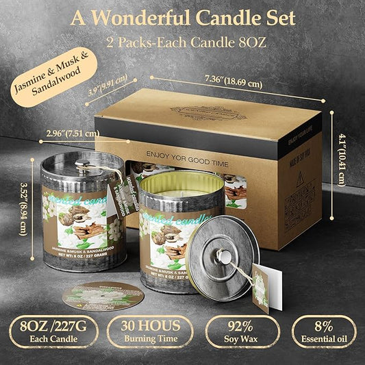 Jasmine&Musk&Sandalwood Scented Candle Set,8oz-2Pack 80H Burn Time,8% Essential Oils,Smoke-Free Strong Aromatherapy, Pure Soy Wax, Relaxing for Yoga Meditation Spa,Gift Set for Men/Women