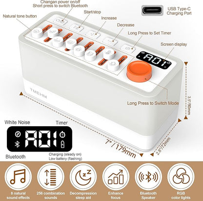 White Noise Sleep Sound Machine with 8 Nature Sounds, Portable Bluetooth Speaker, 12 Colors Night Lights, Sleep Timer & Breathing Exercises, for Babies, Kids, and Adults