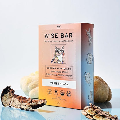 Wise Bar, Adaptogen Mushroom Bar Variety Box 12 Count , 3 Lemon Ginger, 3 Mocha Coconut, 3 Peanut Banana, 3 Cinnamon Turmeric | Functional Mushrooms and Adaptogens Bar | Organic Nutrition Energy Bars, Vegan, Gluten Free