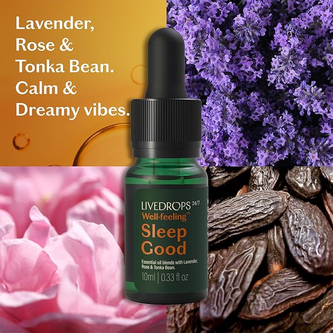 LIVEDROPS 24/7 Sleep Good Essential Oil Blend - Crafted in France - Lavender, Rose & Tonka - Pure & Natural - Aromatherapy - Skin Safe & Diffuser Compatible - Clinically Tested