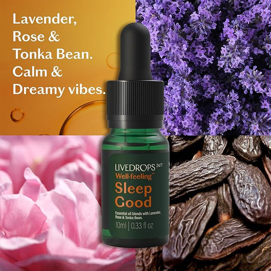 LIVEDROPS 24/7 Sleep Good Essential Oil Blend - Crafted in France - Lavender, Rose & Tonka - Pure & Natural - Aromatherapy - Skin Safe & Diffuser Compatible - Clinically Tested