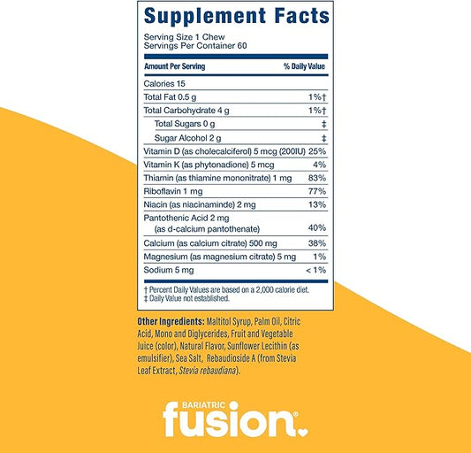 Bariatric Fusion Bariatric Calcium Chews | Calcium Citrate with Vitamin D3 Calcium Supplement Bariatric Vitamin | Sugar Free Calcium Citrate Chewable | Calcium Citrate 500mg | Lemon | 60 Count