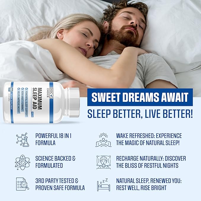 Maximum Sleep Aid | Highly Dosed Non-Habit Forming Sleep Aid for Adults | Mood, Sleep, Restfulness Support | 18 Research Backed Ingredients | Melatonin, Magnesium, GABA, Ashwagandha & More - 60 Caps
