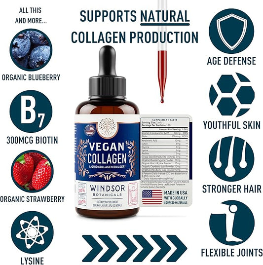 Vegan Collagen Builder Liquid Supplement - Collagen Booster with Vitamin C, Biotin, Hyaluronic Acid & Amino Acids - Vegetarian Collagen for Women, Organic Fruit & Vegetable Blend - 60ml, 30 Day