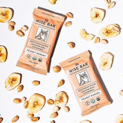 Wise Bar Adaptogen Mushroom Nutrition Bars | Peanut Butter Banana Flavor | 12 Count | Functional Mushrooms and Adaptogens Bar | Organic Nutrition Energy Bars, Vegan, Gluten Free