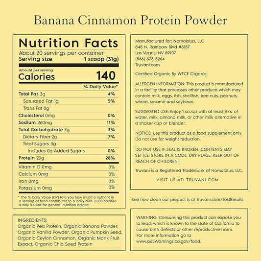 Truvani Vegan Pea Protein Powder | Banana Cinnamon | 20g Organic Plant Based Protein | 20 Servings | Keto | Gluten & Dairy Free | Low Carb | No Added Sugar