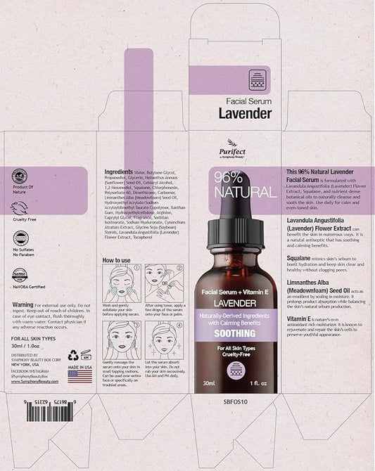 96% NATURAL LAVENDER Facial Serum for Day and Night Moisturizer Soothe Balance Skin with Vitamin E Squalene 30ml 1fl oz - Non Greasy and Fast Absorbing Formurla PURIFECT MADE IN USA