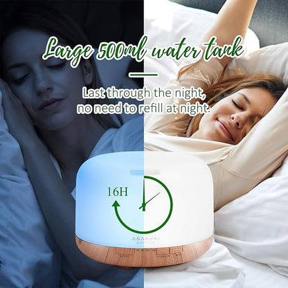 ASAKUKI Oil Diffuser with Essential Oils Set, 500ml Aromatherapy Humidifier with 14 LED Colors & Auto Shut-Off - 6 Oil Gift Pack(Lavender Eucalyptus Tea Tree Orange Peppermint Lemongrass)