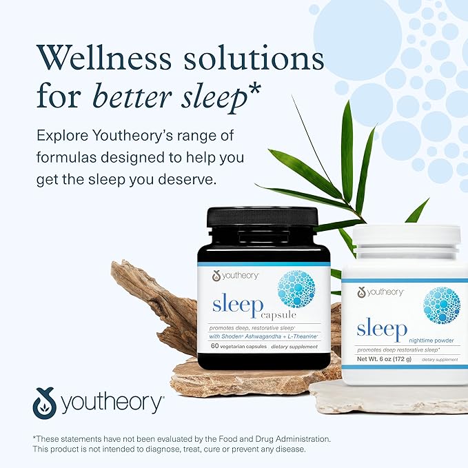 Youtheory Sleep Nighttime Powder - Sleep Support Supplement for Calm & Relaxation* - Contains Melatonin, Magnesium, L-Theanine & L-Glycine - Dairy, Soy & Gluten Free - 6 oz
