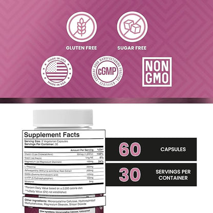 Natural Sleep Aid for Adults, Sleep Supplement, Natural Calm, Melatonin with L-Theanine, Magnesium Glycinate, Ashwagandha, GABA, 5-HTP, Vitamin D & Niacin (30 Day Supply)