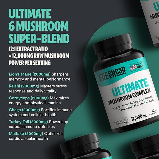 FreshCap Ultimate Mushroom Supplement 12,000mg - Mushroom Complex Capsules, Organic Mushrooms Supplement, Nootropic Brain Supplements for Memory and Focus Ayurveda (120 Capsules)
