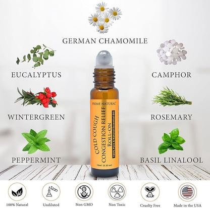 PRIME NATURAL Cold Cough Congestion Relief Essential Oil Roll on (10ml), Pre-Diluted Ready to Use Roller for Sinus, Sore Muscle, Headache & Sleep
