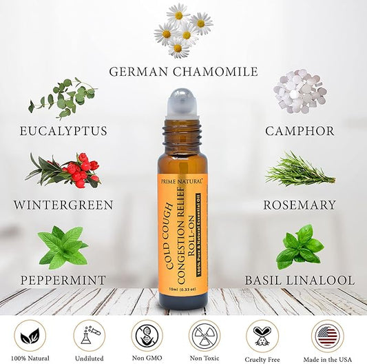 PRIME NATURAL Cold Cough Congestion Relief Essential Oil Roll on (10ml), Pre-Diluted Ready to Use Roller for Sinus, Sore Muscle, Headache & Sleep