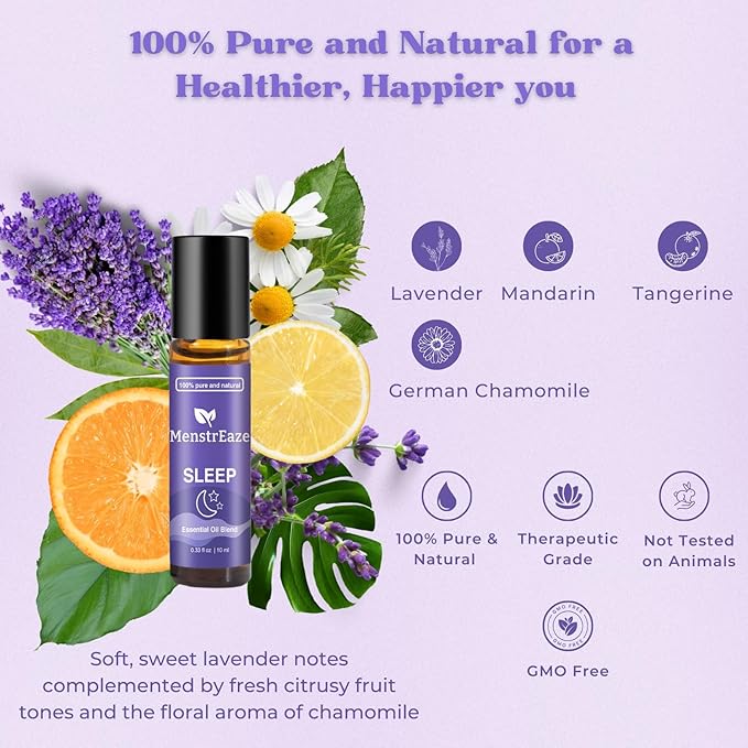 Natural Sleep Essential Oil Roll On, 100% Natural & Pure Deep Relaxation Blend with Lavender, Chamomile, Sweet Orange Aromatherapy Oils, 10ml