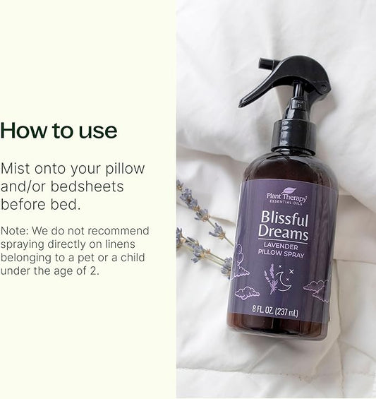 Plant Therapy Blissful Dreams Lavender Pillow and Linen Mist and Room Spray, for Relaxation & Sleep, Powered by Essential Oils Like Lavender & Roman Chamomile, Aromatherapy Sleep Spray, 8 oz