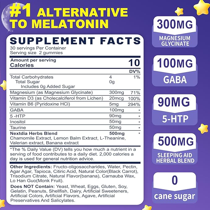Melatonin Free Sleep Gummies(Made in USA) with Magnesium Glycinate, GABA, 5-HTP, L-Theanine, Valerian, Chamomile, Lemon Balm, Vitamin D3 & B6 - Hormone & Drug- Free, Non-Habit Forming,2 Pack