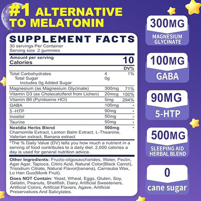 Melatonin Free Sleep Gummies(Made in USA) with Magnesium Glycinate, GABA, 5-HTP, L-Theanine, Valerian, Chamomile, Lemon Balm, Vitamin D3 & B6 - Hormone & Drug- Free, Non-Habit Forming,2 Pack