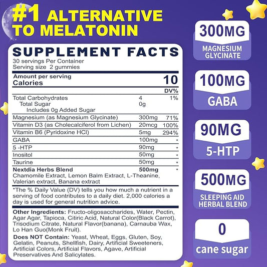 Melatonin Free Sleep Gummies(Made in USA) with Magnesium Glycinate, GABA, 5-HTP, L-Theanine, Valerian, Chamomile, Lemon Balm, Vitamin D3 & B6 - Hormone & Drug- Free, Non-Habit Forming,2 Pack