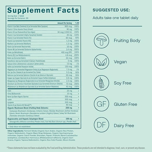 True Grace One Daily Menâs Multivitamin Fermented Minerals, Organic Adaptogens & Mushrooms Whole Body Balance Immune, Endurance, Bone & Heart Support - Non-GMO, Gluten Free - 90 Vegan Tablets