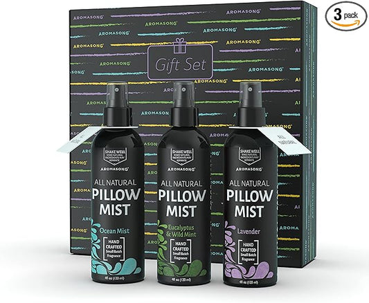 Aromasong All Natural Pillow Spray for Deep Sleep- Holiday Gift Pack of Lavender, Ocean Mist, and Eucalyptus Included - Calming Linen & Bedtime Natural Essential Oil Mist Spray for Sleeping