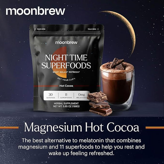 MoonBrew Nighttime Magnesium Hot Cocoa, Natural Sleep Aid Drink Mix for Adults - Calming Melatonin-Free Sleep Support - Sleepy Hot Chocolate Powder with L-Theanine, Chamomile & Zinc Glycinate