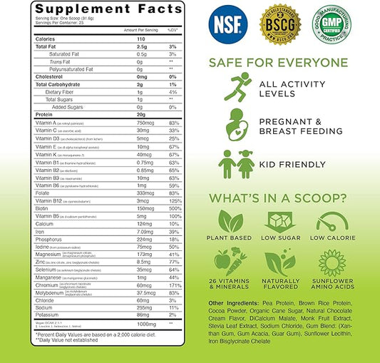 TRU Plant Based Protein Powder, BCAA, EAA, 20g Vegan Protein, 100 Calories, 27 Vitamins, No Artificial Flavors 25 Servings (Natural Chocolate Cream)