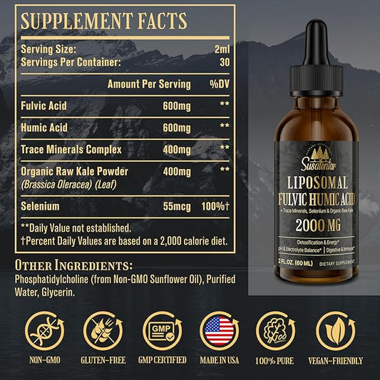 Trace Minerals Electrolytes Drops 2000 MG | Liquid Liposomal Fulvic Humic Acid Supplement | 72+ Trace Minerals | Hydration | Detoxification | Energy | pH Balance | Digestion | Immunity | 2 Oz