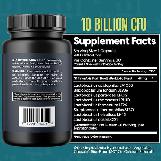 InnerAxis 2-in-1 Brain and Gut Health Probiotic, 10 Billion CFU, 8 Probiotic Strains for Gut, Psychobiotic, Mood and Brain Support, Acidophilus Probiotic for Women and Men, 30 Servings