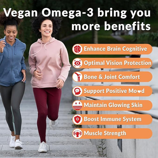 Vegan Omega 3 Gummies, Algae Omega 3 Supplement DHA 240mg, EPA 110mg w/Vitamin B12, CoQ10, Omega 3 Fish Oil Alternative for Adults - Brain, Bone, Joint, Eye & Immunity Support