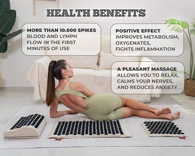 Acupressure Mat & Pillow – Natural Back & Neck Pain Relief, Stress Relief, and Better Sleep Kit (Includes Pillow & Carry Bag, Soft Cream).