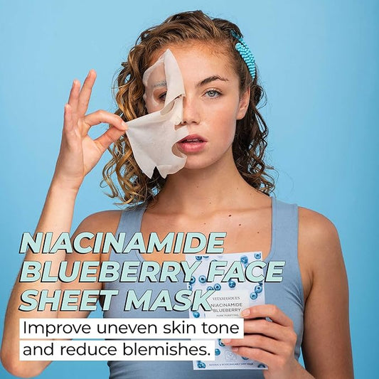 Vitamasques Niacinamide Blueberry Face Sheet Mask 7 Pack - Pore Purifying Korean Face Mask Improves Uneven Skin Tone & Reduces Blemishes