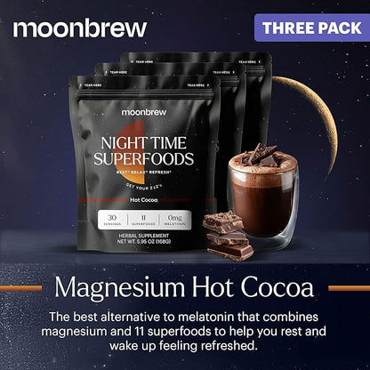MoonBrew Nighttime Magnesium Hot Cocoa, Natural Sleep Aid Drink Mix for Adults - Calming Melatonin-Free Sleep Support - Sleepy Hot Chocolate Powder with L-Theanine, Chamomile & Zinc Glycinate - 3-Pack