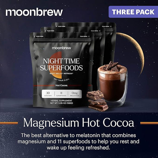 MoonBrew Nighttime Magnesium Hot Cocoa, Natural Sleep Aid Drink Mix for Adults - Calming Melatonin-Free Sleep Support - Sleepy Hot Chocolate Powder with L-Theanine, Chamomile & Zinc Glycinate - 3-Pack