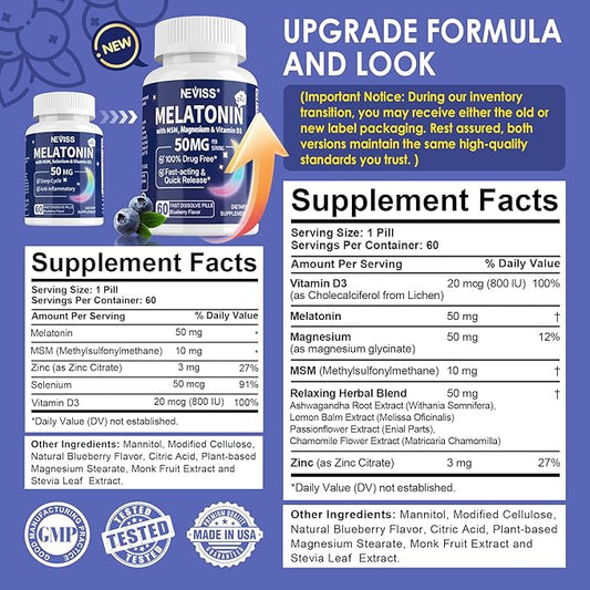 Melatonin 50 mg for Adults - Extra Strength 9-IN-1 Fast Dissolve Sublingual - w/ Vitamin D3 & MSM, Relaxing Herbal Blend-Ashwagandha, Lemon Balm, Passionflower,Chamomile,Sugar Free, Vegan 180 Servings
