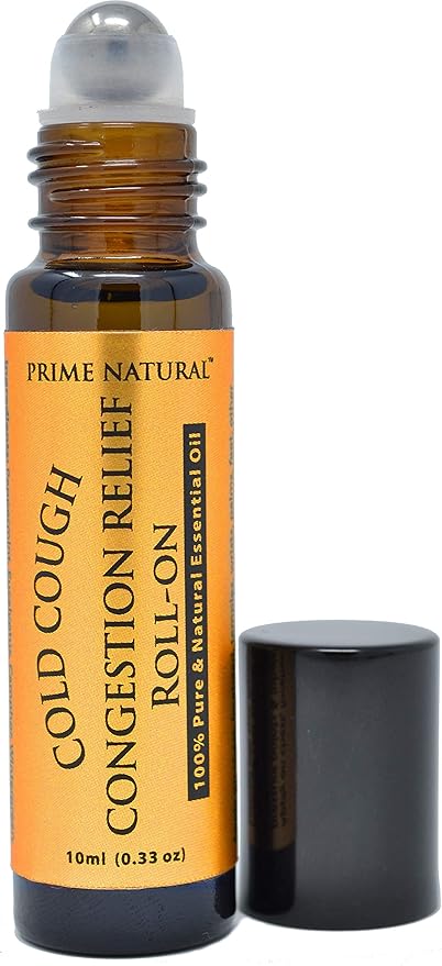 PRIME NATURAL Cold Cough Congestion Relief Essential Oil Roll on (10ml), Pre-Diluted Ready to Use Roller for Sinus, Sore Muscle, Headache & Sleep