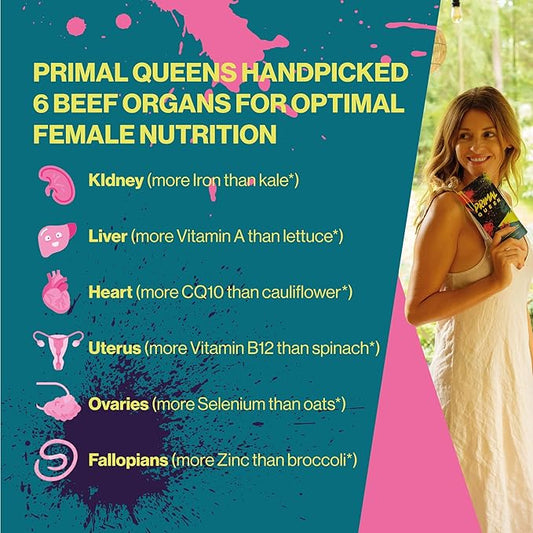 Female-Optimized Beef Organ Superfood Supplement (Beef Liver, Kidney, Heart, & 3 More) - 100% Grass Fed, Pasture Raised Cattle - Balance Hormones, Energy, & More for Women