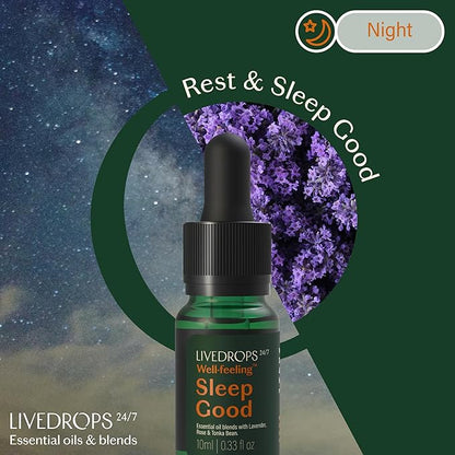 LIVEDROPS 24/7 Sleep Good Essential Oil Blend - Crafted in France - Lavender, Rose & Tonka - Pure & Natural - Aromatherapy - Skin Safe & Diffuser Compatible - Clinically Tested