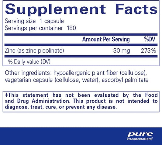 Pure Encapsulations Zinc 30 mg - Supplement for Immune System Support, Growth and Development, and Wound Healing* - with Zinc Picolinate 30 mg - 180 Capsules