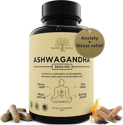 Organic Ashwagandha Root & Irish Sea Moss â 3,600 mg Ashwagandha Supplement with Black Seed Oil, & Burdock Root â Herbal Supplement for Energy, Stress Relief, Extra Strength, 60 Caps