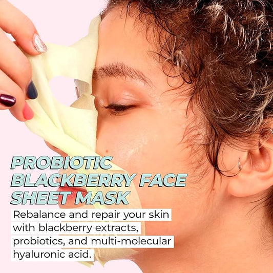 Vitamasques Probiotic Blackberry Face Sheet Mask 7 Pack - Facial Mask Rebalances & Repairs Skin with Multi Molecular Hyaluronic Acid - Natural & Biodegradable