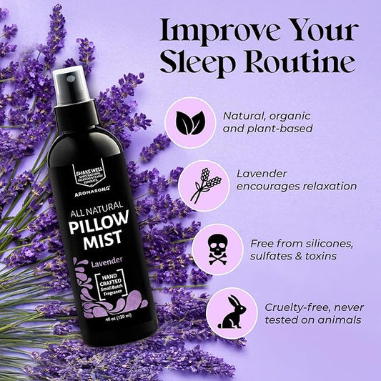 Aromasong Lavender Pillow Spray - All Natural Calming Linen & Bedtime Mist for Deep Sleep - Aromatherapy Botanical Essential Oils for Sleeping - for Relaxing Stress Fragrance Scent