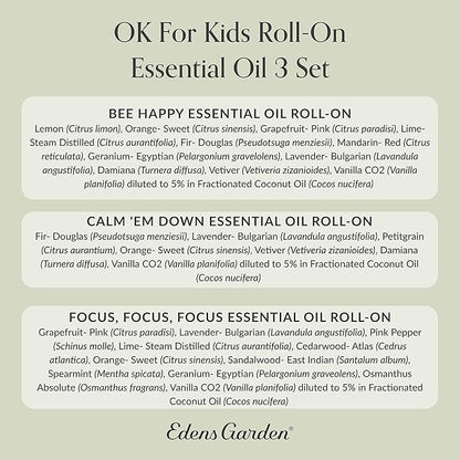 Edens Garden OK For Kids Essential Oil Roll-On 3 Set – 100% Pure Therapeutic Grade, Natural Aromatherapy Blends – Gentle & Pre-Diluted, Includes Bee Happy, Calm 'Em Down & Focus, 10 ml Roll-On/ 3 Pack