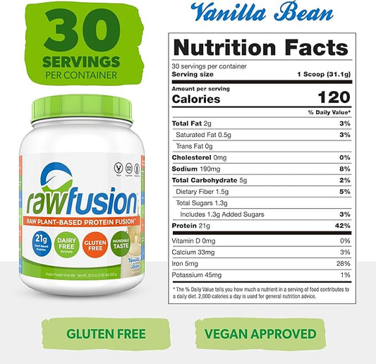 Rawfusion- Vegan Protein Powder, Vanilla Bean - 30 Servings, 21g of Plant Based Protein, Low Net Carbs, Non-Dairy, Gluten/ Lactose Free, Soy Free, Kosher, Non-GMO, 2lb Pound