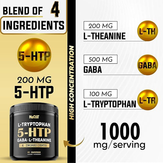 5 HTP 200mg GABA 500mg L-Theanine 200mg L-Tryptophan 100mg Supplement - Support Brain, Circulation Health, Concentration & Rest Well - 60 Capsules for 1 Month - 4in1 Premium Blend