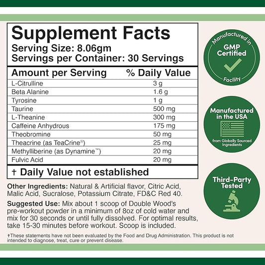 Pre Workout Powder for Men & Women (30 Servings of Caffeine, Beta Alanine, L-Citrulline, Dynamine, L-Theanine, Taurine, Theacrine, & More) Preworkout Powder with Scoop by Double Wood (Watermelon Lime)