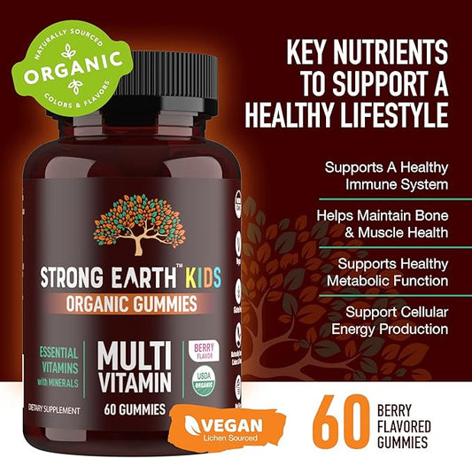 Strong Earth- Organic Multivitamin Gummies for Kids- Gummy Vitamins & Minerals Including Vitamin A, C, D3, E, B6 & Zinc - Chewable Multi Vitamin Gummies with Immune Support for Boys and Girls (60)